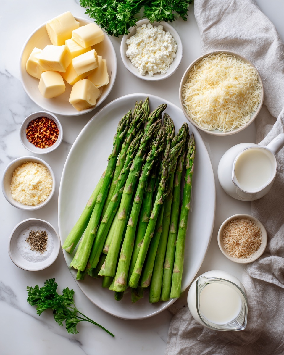 The image shows an oval white plate in the center with a bunch of fresh green asparagus arranged neatly in a row. Surrounding the plate are small white bowls with different ingredients: cubed butter, crushed red pepper flakes, salt, black pepper, flour, breadcrumbs, grated Parmesan cheese, shredded cheese, and a small glass jug of milk. All items are placed on a white marbled surface, creating a clean and bright setting. Photo taken with an iphone --ar 4:5 --v 7