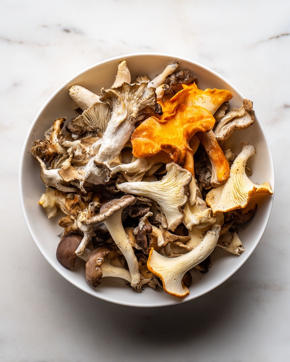 A white bowl filled with a mix of mushrooms sits on a white marbled surface. The mushrooms include layers of soft gray maitake with ruffled edges, bright orange chanterelles with wavy, trumpet-shaped caps, and pale beige oyster mushrooms with smooth, curved tops. The mushrooms are piled loosely and vary in size and texture, creating a natural, rustic look. The lighting highlights the different shapes and colors of the mushrooms. Photo taken with an iphone --ar 4:5 --v 7