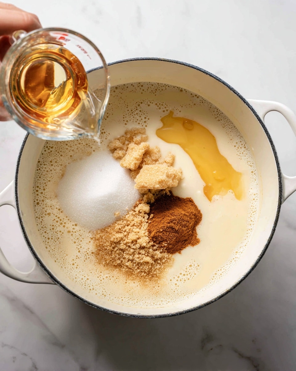 The image shows several ingredients arranged neatly on a white marbled surface. On the left, there are two flat rounds of dough resting on white parchment paper. Above and around these, small white bowls hold light yellow liquid, flour, white sugar, brown sugar, and melted butter on a white plate. Near the bottom, small bowls contain cinnamon and nutmeg spices. On the right side, a white bowl is filled with many thin green apple slices, all placed in a visually pleasing way. photo taken with an iphone --ar 4:5 --v 7