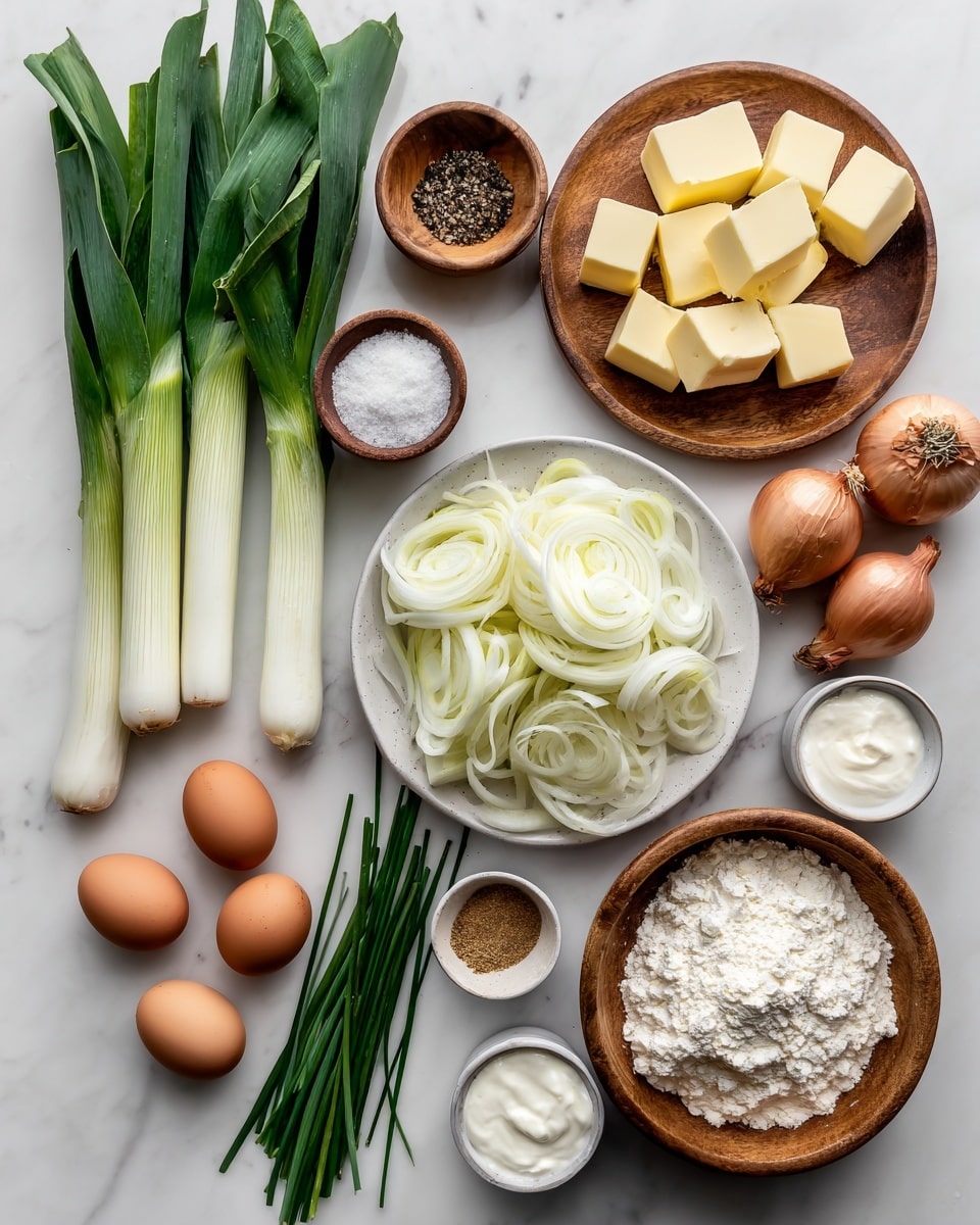 The image shows a collection of cooking ingredients on a white marbled surface. Starting from the top left, there are green watercress and two long leeks with green tops and white bottoms. Near the leeks is a small wooden bowl with white salt and black pepper. Below it, a wooden plate holds yellow cubes of butter. To the right, a white plate is filled with many thin, white onion rings layered on top of each other. Next to that, there are a few whole shallots and a wooden plate with white cream. On the bottom left, there are three brown eggs and some cut green chives spread out. Beside the chives are three small bowls, one with white cream, one with brown seasoning, and one empty or hard to see inside. On the bottom right, there is a large wooden bowl holding white flour. Photo taken with an iphone --ar 4:5 --v 7