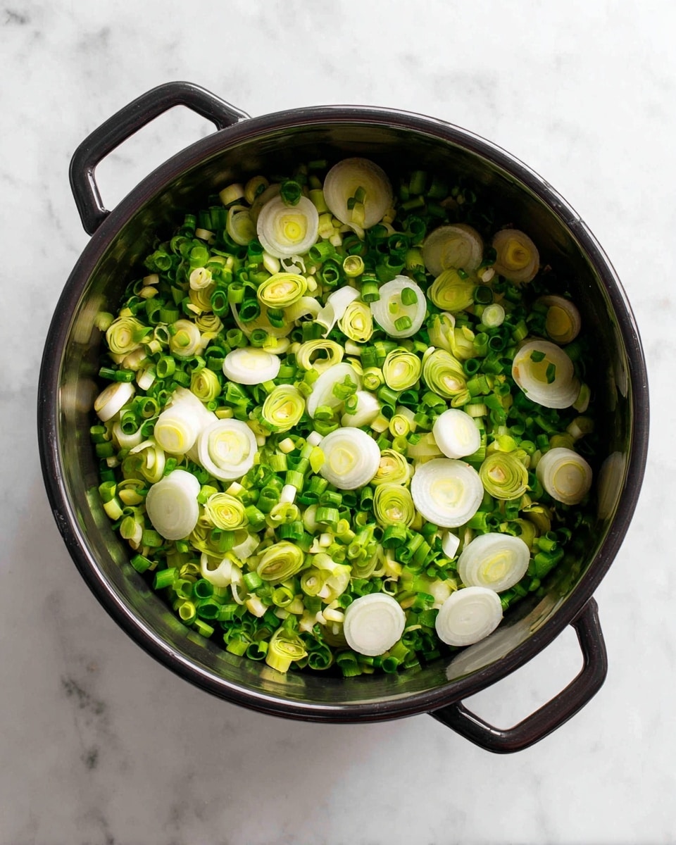 A large black pot filled with chopped vegetables, mainly green onions and white onions, layered in soft circles and small rings. The onions have a mix of green and white colors. The pot is placed on a white marbled surface. The vegetables look fresh and neatly arranged inside the pot. photo taken with an iphone --ar 4:5 --v 7