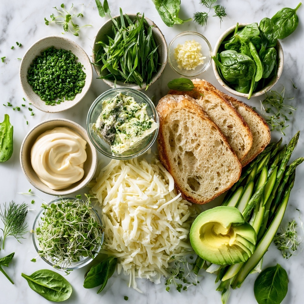 The image shows eight slices of white sandwich bread arranged in two columns on a white marbled surface. The breads are in different stages of making sandwiches, with a mix of freshly spread green herb cream, white cheese slices, spinach leaves, thinly sliced avocado, asparagus tips, and some microgreens. The layers are spread evenly with the creamy spread as the base on some slices, topped by leafy greens and then vegetables or cheese in neat rows and clusters. One slice is plain with nothing on it. The colors are soft green from the vegetables, white from the cheese and bread, and dark green from the spinach, creating a fresh and healthy look. photo taken with an iphone --ar 4:5 --v 7