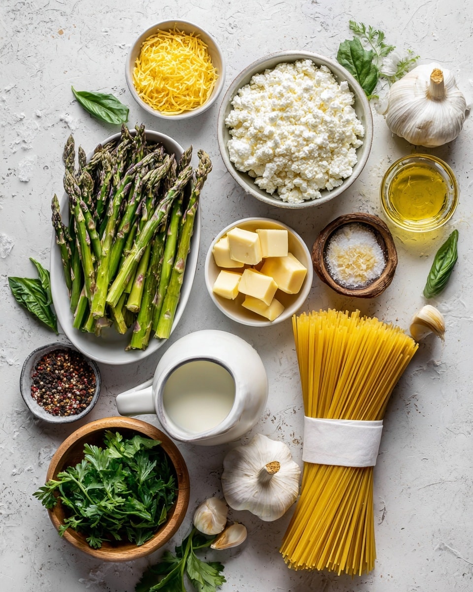 The image shows a white marbled surface with multiple small bowls and dishes arranged neatly. There is a white oval plate with green asparagus spears on the left side. Beside it, there are small bowls containing yellow lemon zest, pale yellow cheese chunks, golden olive oil, finely shredded white cheese, mixed black and red pepper, white cream in a glass jug, white salt in a dark bowl, fresh green basil leaves in a wooden bowl, fresh green parsley bunch, and peeled white garlic cloves in a small bowl. In the center, a bundle of uncooked spaghetti pasta with a white paper band is placed vertically. The colors are mainly green, white, yellow, and natural wooden tones. The setup looks clean and fresh. Photo taken with an iphone --ar 4:5 --v 7