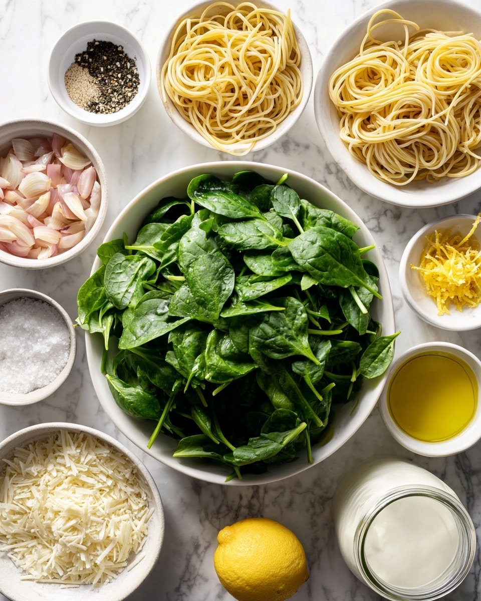 A white bowl full of fresh green spinach leaves sits at the center, surrounded by smaller white bowls holding dry pasta with a pale yellow color, chopped shallots in light pink, minced garlic in creamy white, olive oil with a golden yellow hue, and lemon zest in bright yellow. There is also a bowl with black pepper, a bowl with salt, a bowl with a white powdery cheese, a small jar with white liquid, and a bowl with grated white cheese. All the bowls are placed on a white marbled surface. Photo taken with an iphone --ar 4:5 --v 7