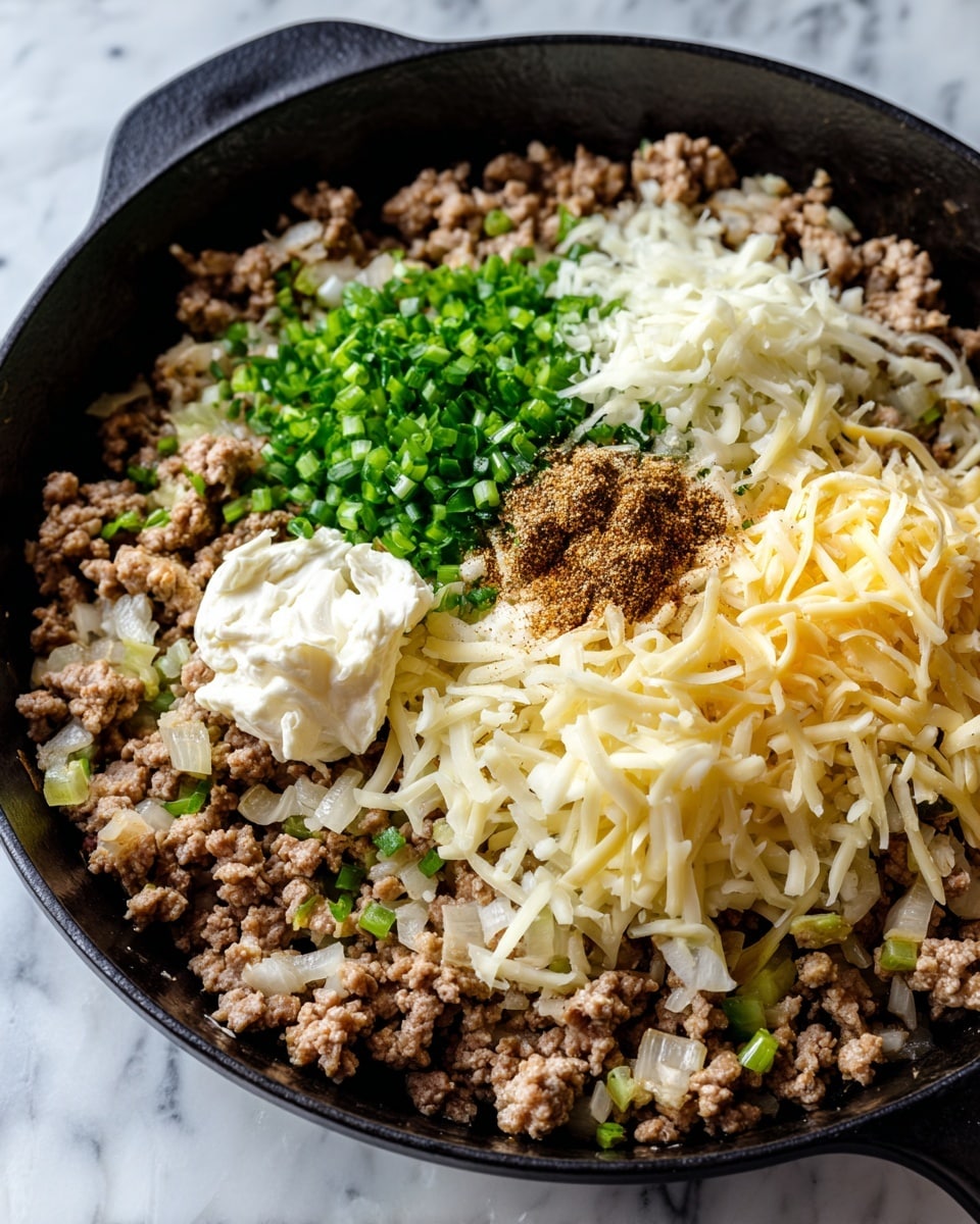 A black cast iron pan filled mostly with cooked ground meat mixed with small chopped green pieces and onions, sitting on a white marbled surface. On top of the meat, there are three separate small piles: a creamy white dollop, a light yellow shredded cheese pile, and a brown spice heap. The textures of the meat look crumbly, the cheese is soft and stringy, and the cream is smooth and thick. photo taken with an iphone --ar 4:5 --v 7