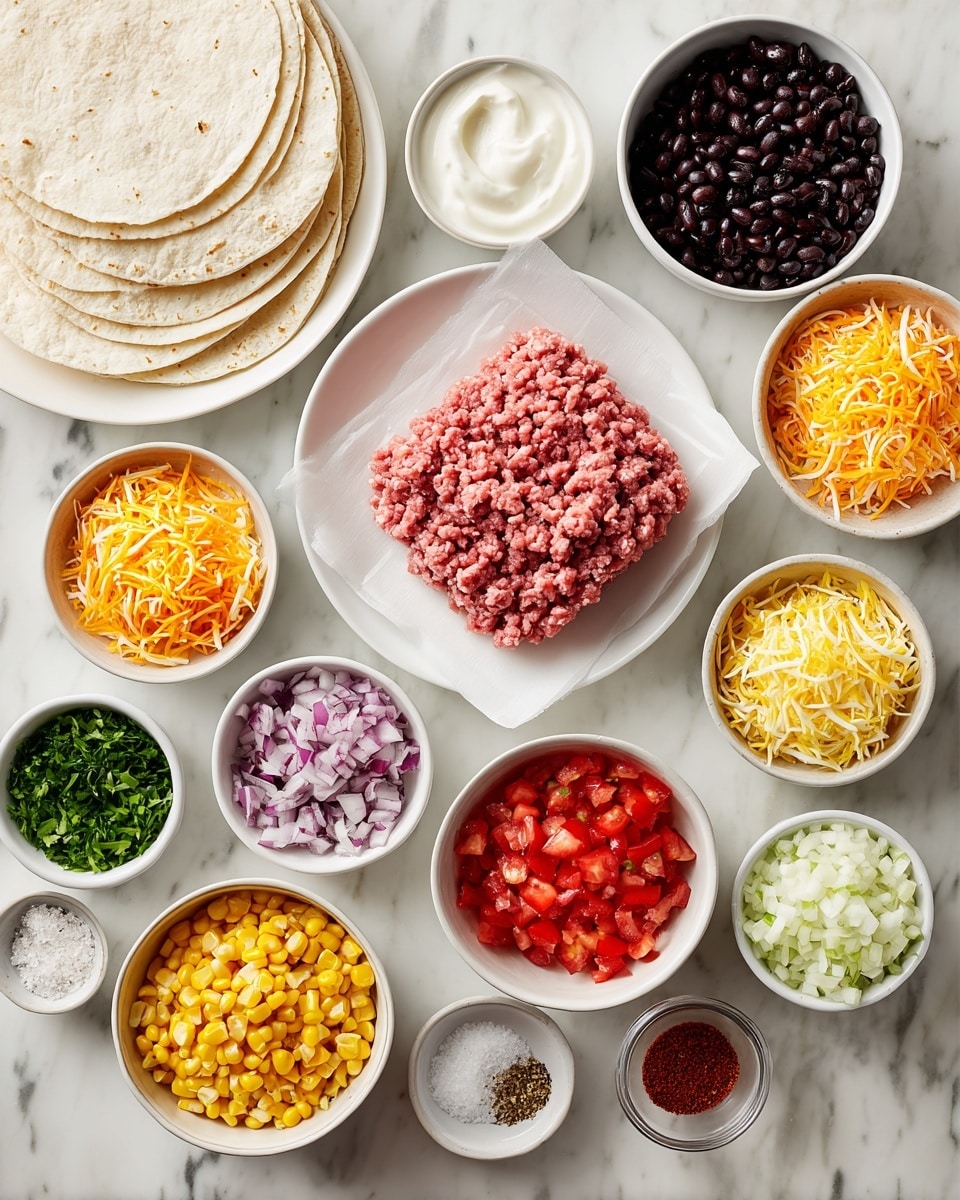 The image shows many small white bowls arranged neatly on a white marbled surface, each holding different colorful ingredients. At the center, there is a white parchment paper with a block of raw, pink ground meat. Around it are bowls filled with black beans (dark purple), bright yellow corn, two-tone orange and white shredded cheese, and a small bowl of creamy white sour cream. Other bowls contain finely chopped white onions, red diced tomatoes, and green herbs mixed in a salsa-like mix. There are also small dishes with various spices, including reddish paprika, white salt, black pepper, garlic, and cumin powder. On the left side, a stack of white tortillas lies on a white plate. The whole setup is clean, colorful, and organized, with a natural light coming from above. Photo taken with an iphone --ar 4:5 --v 7