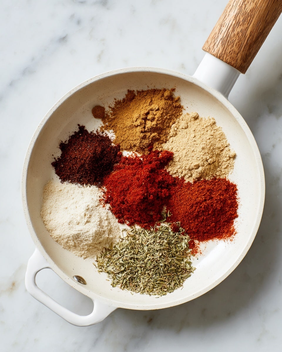 A white pan with a wooden and white handle sits on a white marbled surface. Inside the pan, there are six different spices and a red paste arranged in separate small piles in a circular pattern. The spices vary in color and texture: pale beige powder, light brown powder, dark brown powder, bright red powder, and green dried herbs. The red paste is smooth and thick. The spices and paste contrast with the smooth white interior of the pan. photo taken with an iphone --ar 4:5 --v 7