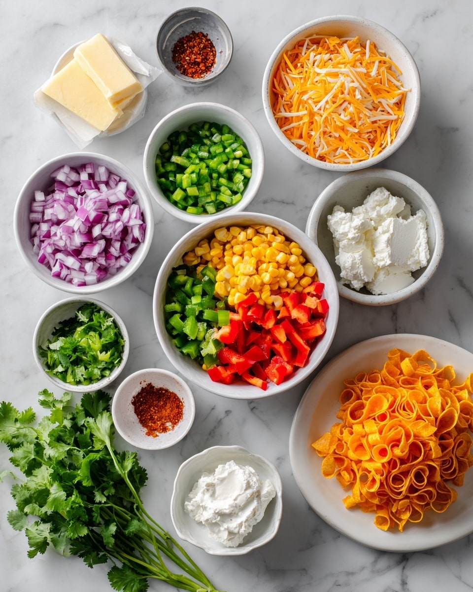 The image shows many small white bowls and one white plate arranged on a white marbled surface. In the center, a white bowl holds a colorful mix of yellow corn, red bell peppers, and green celery pieces. Around it, smaller white bowls contain chopped red onions, chopped green chilies, shredded orange cheddar cheese, shredded white cheese, sour cream, cream cheese, butter, salt, and chili powder. There is also a white plate filled with crispy rolled corn chips on the right side. Fresh green cilantro leaves lie to the left. The items are neatly placed and create a bright, fresh look. Photo taken with an iphone --ar 4:5 --v 7