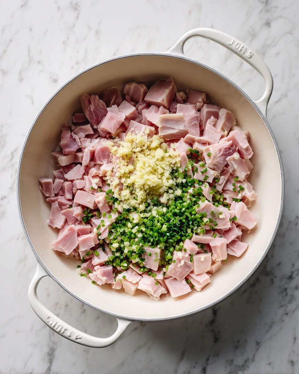 A white pan with two handles is filled with small pieces of pink ham and green chives spread evenly around the edges, with a small pile of finely chopped light yellow garlic near the center. The pan sits on a white marbled surface. photo taken with an iphone --ar 4:5 --v 7