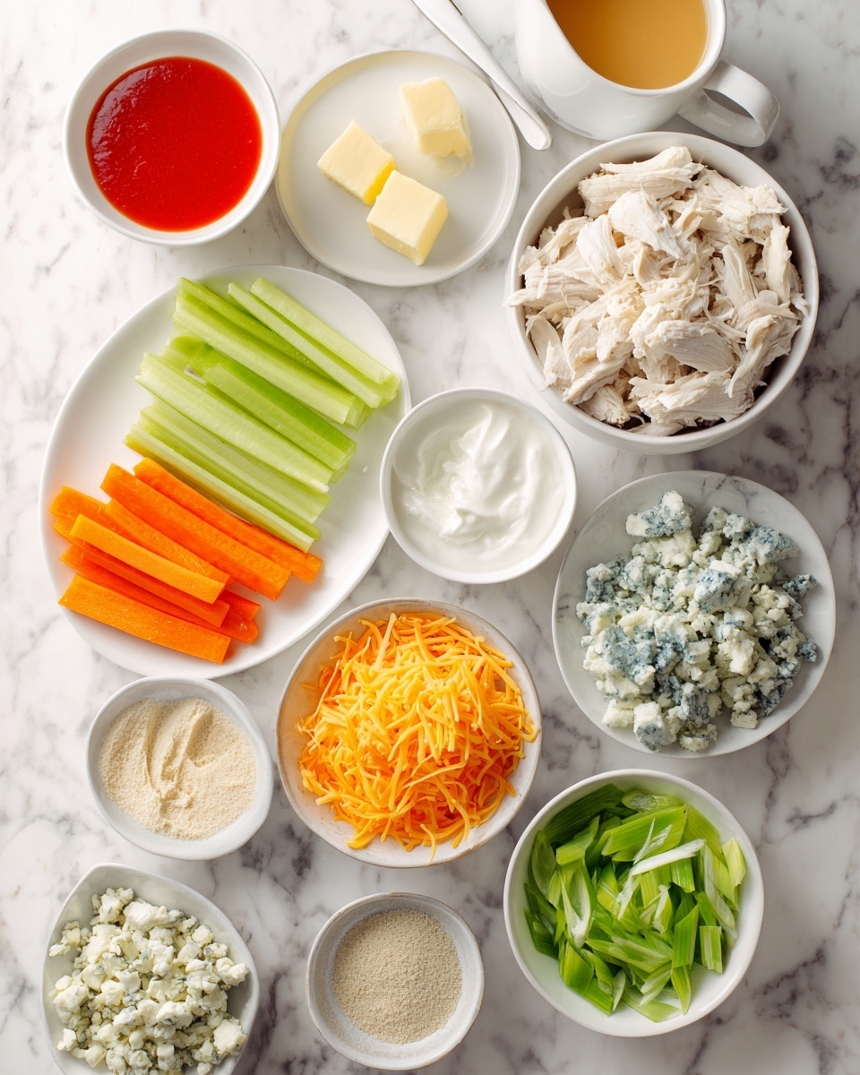 The image shows a white marbled surface with multiple small white bowls and plates arranged with various ingredients. There is a white plate on the bottom left holding carrot sticks and celery sticks in orange and green colors, respectively. Next to it is a small white plate with two pale yellow chunks of butter. A larger white bowl in the center contains shredded white chicken pieces. Moving clockwise, a white bowl contains bright green sliced scallions. Another bowl holds thick white yogurt or cream. A white bowl is filled with finely shredded bright orange cheese. Another bowl holds a mix of crumbled blue cheese with shades of light blue and white. Small white bowls contain light brown and beige powders. A white bowl has shredded pale yellow cheese. A white cup with a handle contains a bright red liquid, likely tomato sauce. The whole setup is neatly organized and colorful. Photo taken with an iphone --ar 4:5 --v 7