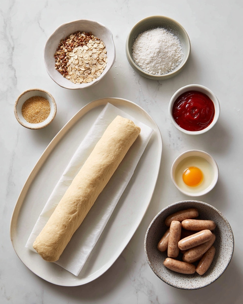 A white oval plate holds a long, light beige rolled dough on white parchment paper, placed on a white marbled surface. Around it are five small bowls: a white bowl of mixed dried oats and seeds on the top left, a small light brown bowl with coarse white salt below it, a gray bowl with whole grain mustard on top right, a very small white bowl with smooth red ketchup next to it, and a speckled gray bowl filled with many small, light brown sausages on the bottom right. In front of the salt bowl is a white bowl with frothy beaten eggs. The scene is neat and brightly lit, photo taken with an iphone --ar 4:5 --v 7