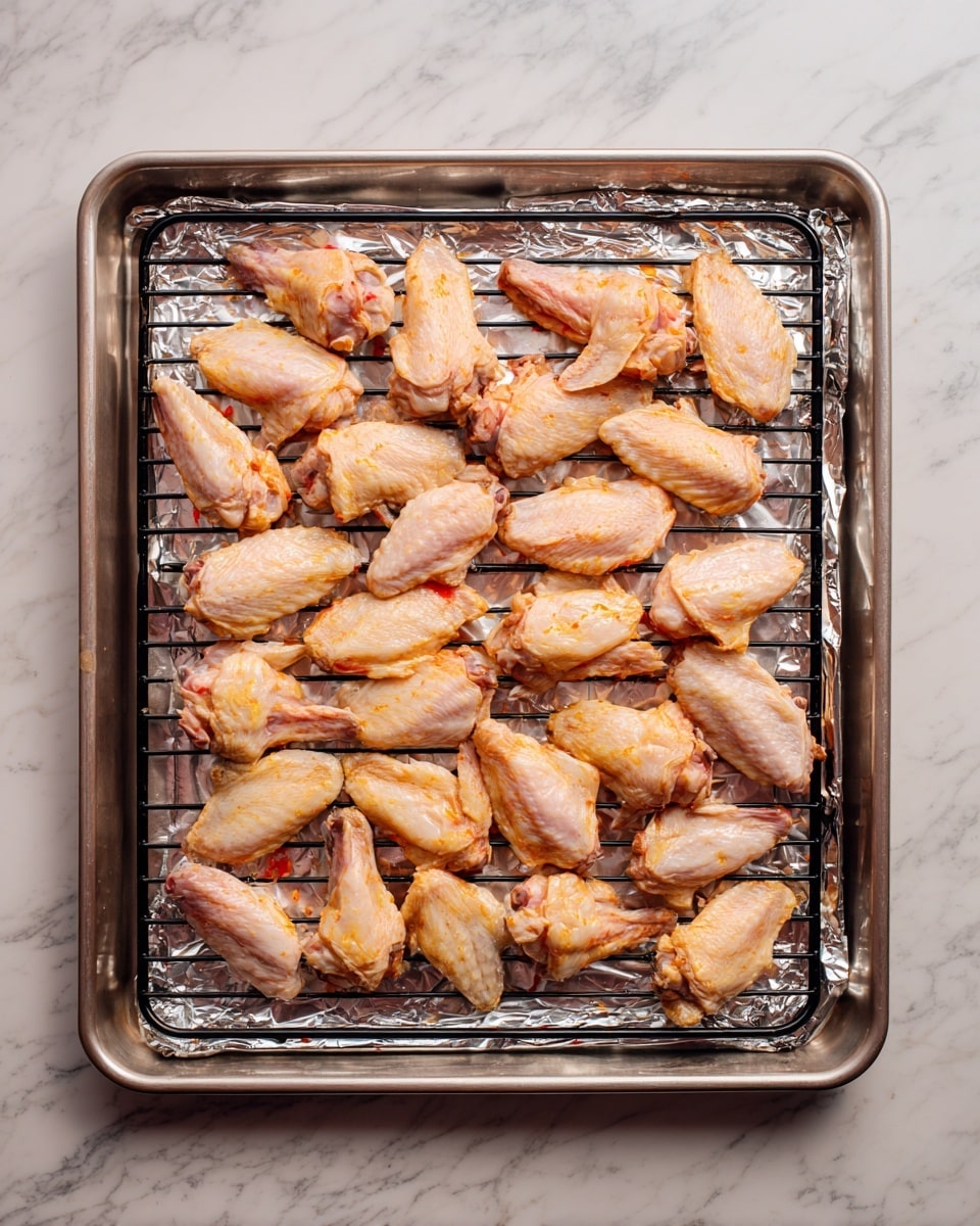 A metal baking tray lined with foil holds a black wire rack that fills the tray from edge to edge. On the wire rack, there are about 24 raw chicken wings spread out evenly, showing a mix of wing sections with pale pink skin and some orange marinade stains. The tray rests on a white marbled surface. photo taken with an iphone --ar 4:5 --v 7