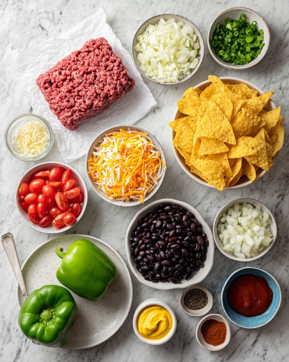 A white marbled surface holds multiple white bowls and small ceramic dishes arranged neatly, showing ingredients for a dish. At the center is a block of raw ground meat on white parchment paper. To the right, a large white bowl is filled with yellow corn chips. Next to it, black beans sit in a white bowl, while chopped green onions are in a small white bowl nearby. A small blue dish holds yellow mustard, and two green bell peppers sit on a white plate below them. On the left side, there is a bowl with a mix of shredded orange and white cheese, a bowl with cherry tomatoes cut in half, and a bowl with white onion chunks. Various small bowls and dishes also hold sliced jalapeños, minced garlic, red chili powder, brown sugar, sour cream, ketchup, and tomato paste. The setup looks clean and ready for cooking, photo taken with an iphone --ar 4:5 --v 7