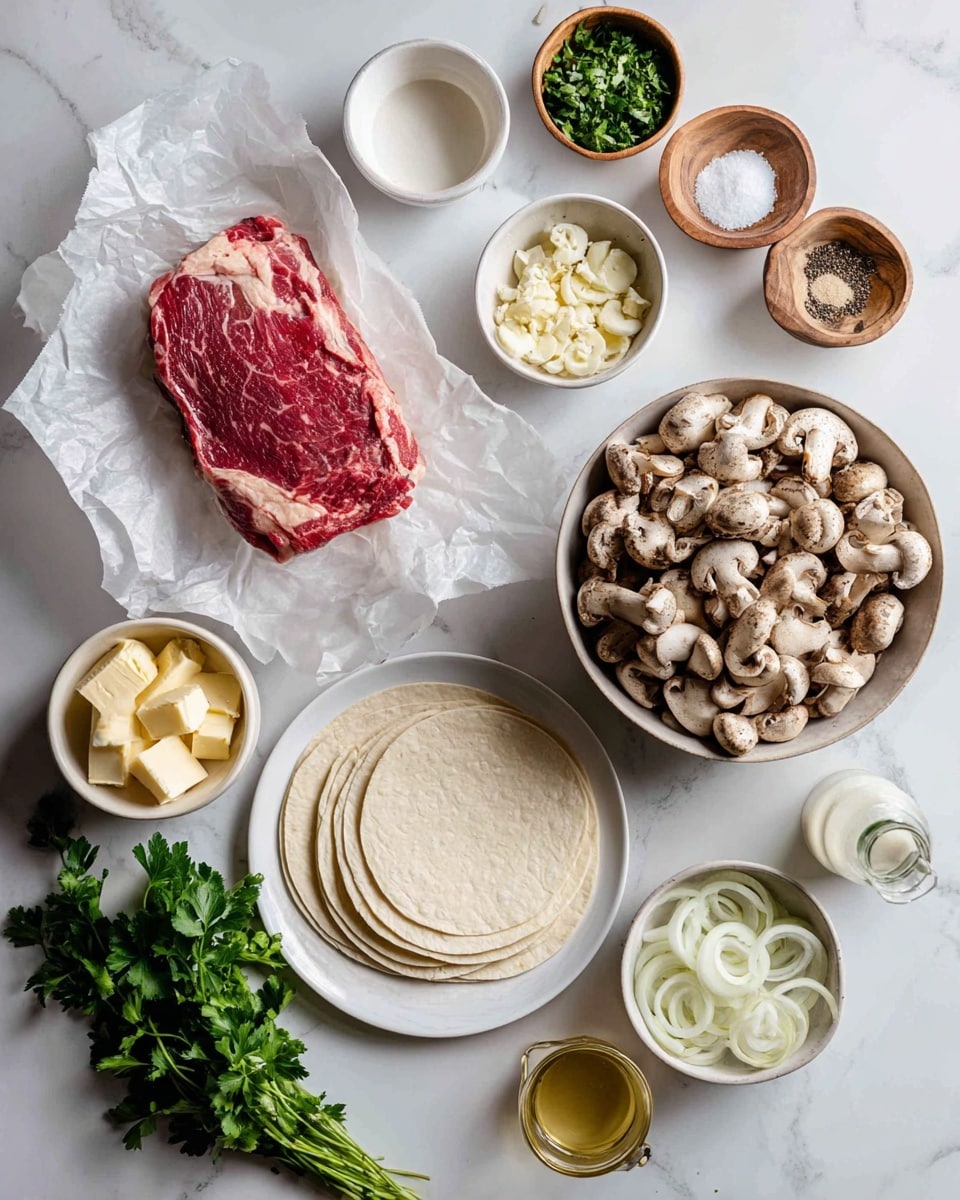 A top-down view of a cooking setup with layered ingredients on a white marbled surface. In the center, there is a large cut of raw red meat with marbled fat, resting on white parchment paper. To the right, a large bowl is filled with chopped mushrooms, speckled in light and dark browns. Below it, a smaller bowl holds thinly sliced white onion rings. To the left, a white plate holds round, thin dough sheets arranged in a neat stack. Small bowls surround the main ingredients: one with light yellow butter pieces; one with chopped fresh green herbs; one with sliced white garlic; one with salt; one with ground black pepper in a wooden bowl; a small cup with clear liquid and a small cup with honey yellow liquid; and a small glass bottle with cream. A loose sprig of fresh parsley rests on the lower left side of the surface. The entire layout is clean, organized, and spaced evenly. Photo taken with an iphone --ar 4:5 --v 7