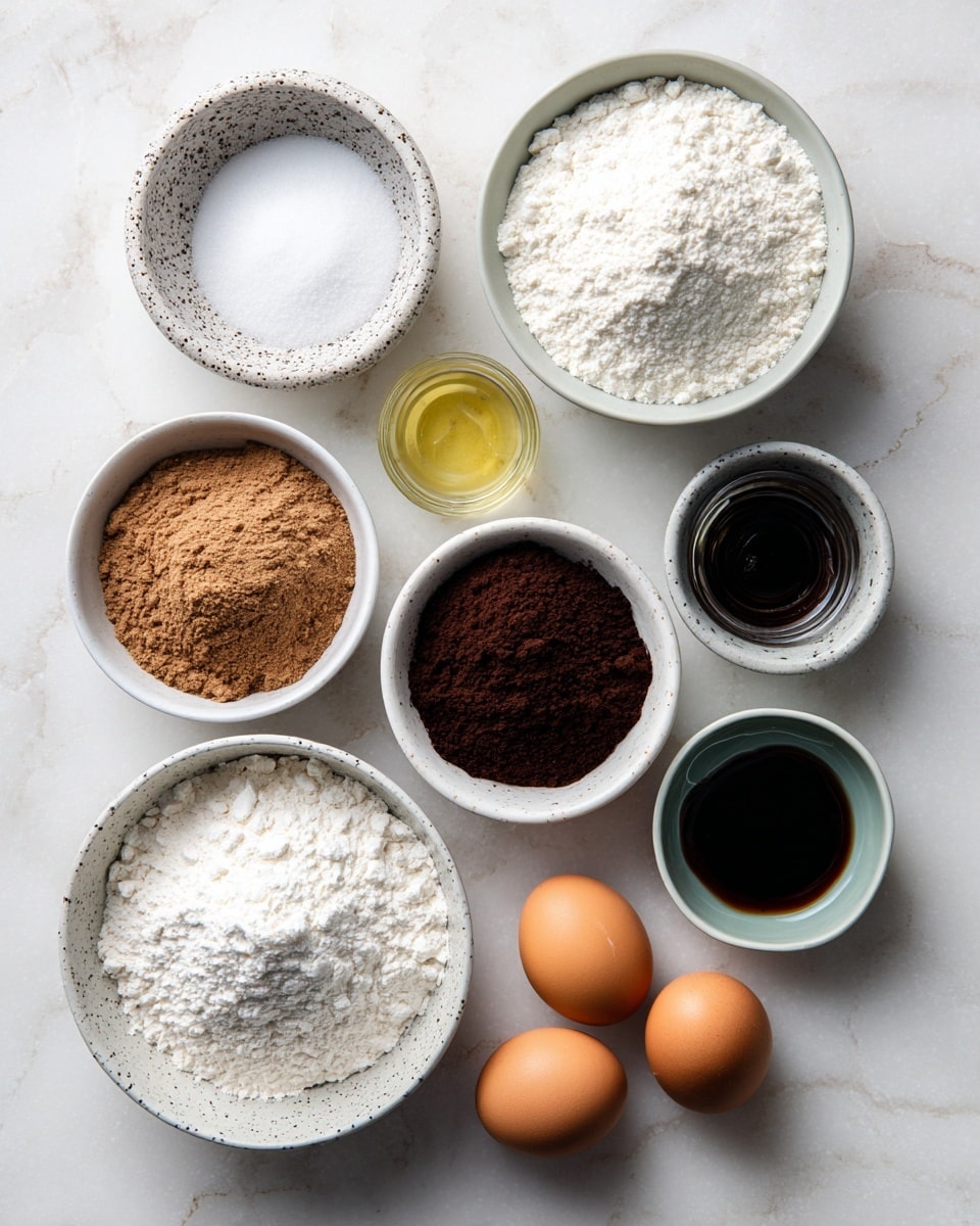 The image shows nine small white bowls and two brown eggs arranged neatly on a white marbled surface. Each bowl holds a different ingredient: white sugar in a speckled white bowl, light brown sugar, white flour, clear oil, dark cocoa powder, white salt in a small gray bowl, clear water, and dark vanilla extract. The brown eggs sit close together near the center right of the image. The overall layout is clean and organized, with a bright natural light highlighting the textures and colors of each ingredient. photo taken with an iphone --ar 4:5 --v 7