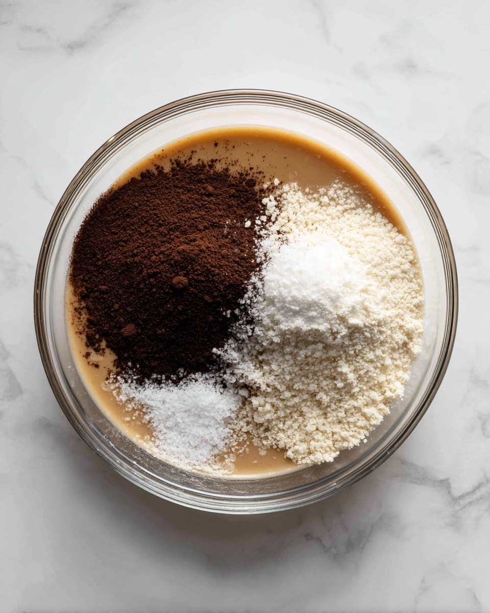 A clear glass bowl sits on a white marbled surface, filled with several ingredients layered in separate sections. On one side, there is a thick, light brown liquid layer that covers the bottom half of the bowl. Above it, on the left, sits a dark brown, fine powder with a soft, powdery texture. To the right of the dark powder, there is a white, fluffy powder, with a smooth and dry look. In the center, touching both powders, there is a small pile of white granules. The bowl's layers create a clear contrast among the light brown liquid, dark brown powder, white fluffy powder, and white granules. photo taken with an iphone --ar 4:5 --v 7