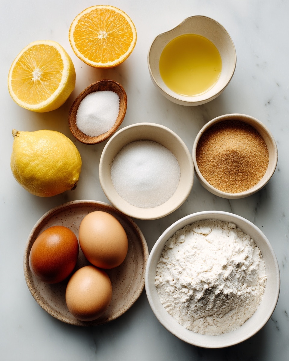 A photo showing eight ingredients neatly arranged on a white marbled surface. From left to right: a halved lemon and a halved orange, both bright yellow and orange with juicy textures; a small white bowl filled with a golden oil; a wooden dish holding white salt and baking soda; a small white bowl of white sugar; a beige bowl containing coarse light brown sugar; two brown eggs with smooth shells; and a large white bowl topped with white flour. The colors range from bright citrus tones to soft browns and whites, all placed in a calm, clean setting. Photo taken with an iphone --ar 4:5 --v 7