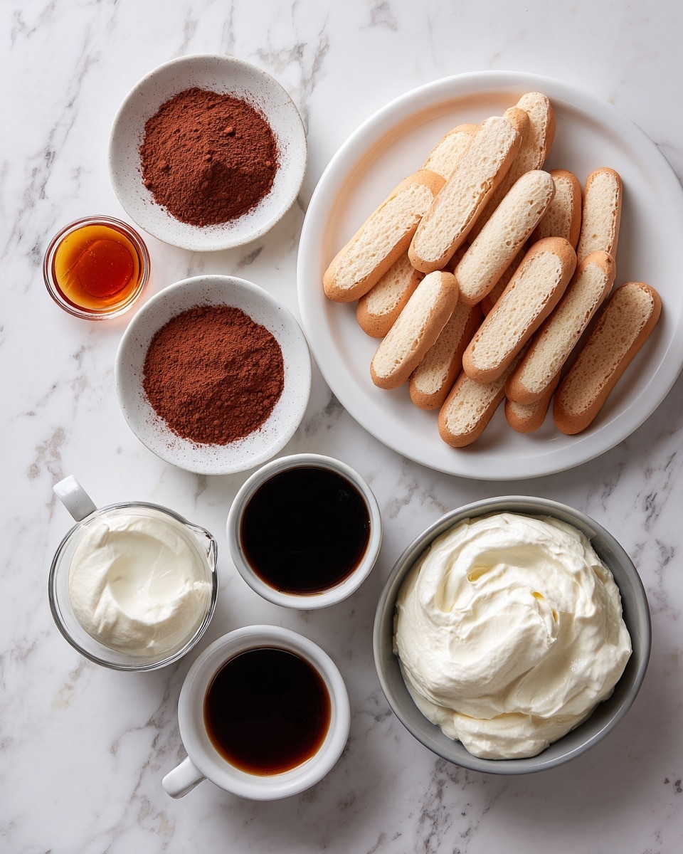 The image shows ingredients for a dessert laid out on a white marbled surface. On the right is a large white plate with many light brown ladyfinger biscuits arranged in a pile. To the left, there is a small white bowl of cocoa powder, a smaller white bowl with a reddish-brown powder, and a tiny white cup with a dark amber liquid. Beside them is a glass container with black coffee, and next to it is a grey bowl filled with thick white cream. Below the grey bowl is a glass jug of white cream, and at the bottom center is another small white cup filled with dark brown liquid. The setup is neat and clearly shows each ingredient separately. Photo taken with an iphone --ar 4:5 --v 7