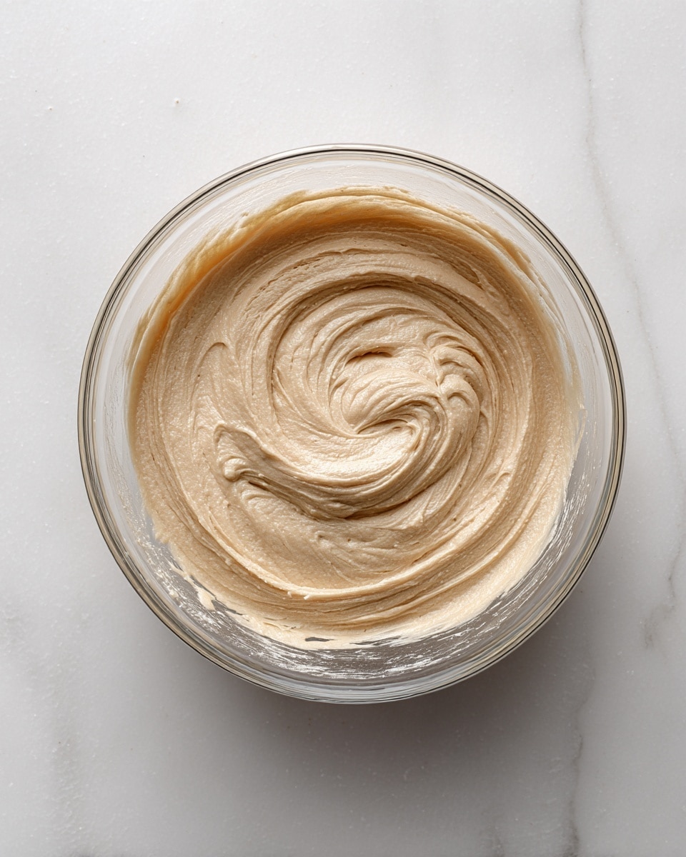 A clear glass bowl sits on a white marbled surface filled with a smooth, creamy mix of light beige color with some subtle swirls creating a gentle spiral pattern on the top. The texture appears soft and thick, with slight ridges from being stirred, showing a consistent light brownish-beige tone throughout. The photo is taken from above, highlighting the evenness of the mix inside the bowl photo taken with an iphone --ar 4:5 --v 7