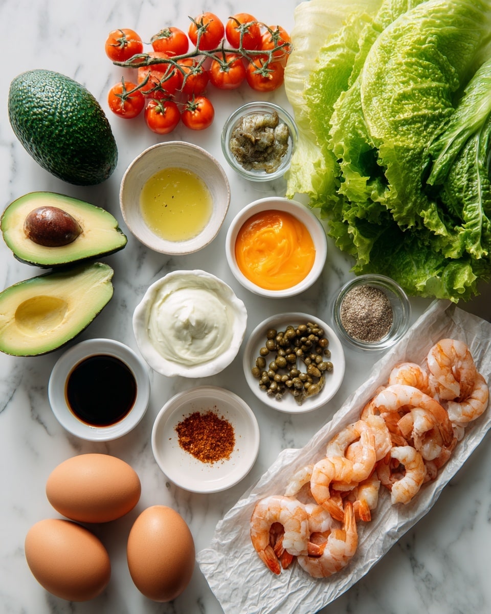 The image shows various ingredients placed on a white marbled surface arranged neatly. There are three brown eggs placed in the middle, a whole green avocado with its seed and half removed to the left, and a large bunch of fresh green lettuce on the right. Nearby are small white bowls filled with different sauces and dressings like a creamy white sauce, orange sauce, yellow oil, and a dark brown sauce. There is also a small bowl of capers, minced ginger, and a small bowl with spices including salt and chili powder. On the right side, there is a paper-wrapped bundle of raw shrimp with their shells on. The overall colors are fresh greens, browns, reds from halved cherry tomatoes, and whites from the bowls. Photo taken with an iphone --ar 4:5 --v 7