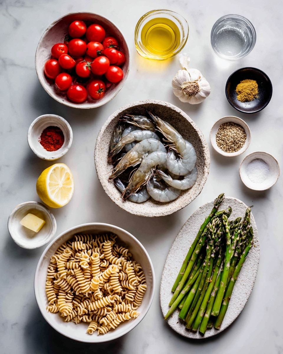 The image shows a flat lay of various cooking ingredients arranged neatly on a white marbled surface. There is a white bowl filled with light brown twisted pasta at the bottom left. To the right of it, a stone bowl holds several raw grey shrimp with tails on. Above the shrimp, a white bowl contains bright red cherry tomatoes, some whole and some cut in halves. To the far right, a white oval plate holds green asparagus spears laid out in a pile. Several small white and black bowls are scattered around with different ingredients: thin lemon slices, garlic slices, melted yellow butter, spices in brown and black bowls, and a glass of clear water. Photo taken with an iphone --ar 4:5 --v 7