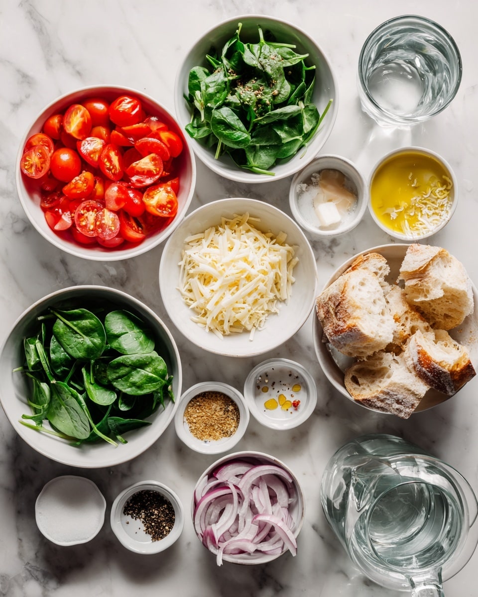 This image shows several bowls and plates on a white marbled surface, each holding different ingredients for a recipe. There is a white bowl filled with sliced red cherry tomatoes, a white bowl containing fresh green spinach leaves, and a white bowl with light yellow grated cheese. In the center, a white bowl holds large torn pieces of bread with a rough texture. Surrounding these are small white bowls and plates with various seasonings, including black pepper, salt, minced garlic, mustard, olive oil, and sliced red onions. The bowls and plates are arranged neatly in a flat lay style, with a clear glass pitcher of water to the right. The colors are vivid and fresh, showing a mix of red, green, white, and beige tones. Photo taken with an iphone --ar 4:5 --v 7