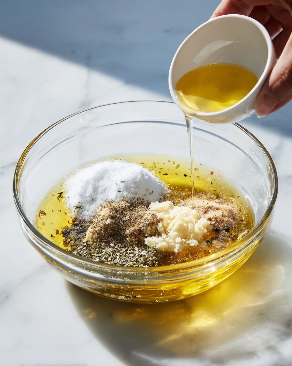 A clear glass bowl sits on a white marbled surface, containing a layer of light golden olive oil that covers the bottom with small pools and drips around the edges. On top of the oil, there are small mounds of coarse white salt, crushed black pepper, finely chopped white garlic, and a dollop of creamy light beige mustard, all arranged close together near the center. A woman's hand is holding a small white bowl tilted slightly, pouring more olive oil into the larger bowl from the lower right corner. The lighting is bright and natural, showing clear details and textures of all ingredients. photo taken with an iphone --ar 4:5 --v 7