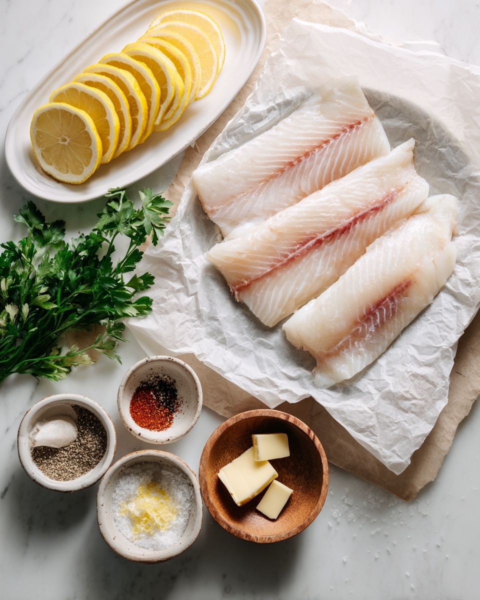 The image shows a white marbled surface with ingredients for a fish dish neatly arranged. At the center, there are four raw fish fillets with a pale pink and white color, placed on white crumpled parchment paper. To the left, there is a white oval plate stacked with thin yellow lemon slices and a bunch of fresh green parsley. Around the fish, there are small white bowls and one wooden bowl holding different ingredients: minced garlic, black pepper, coarse salt, paprika powder, butter cubes, and lemon zest. The bowls have simple textures, mostly smooth ceramic, and one wooden bowl containing black pepper. The setup looks clean and organized, ready for cooking. Photo taken with an iphone --ar 4:5 --v 7