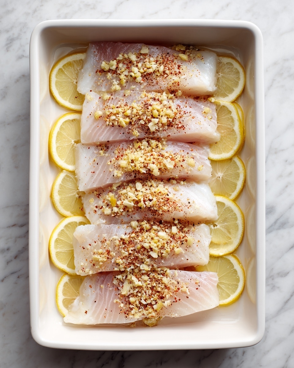 The image shows a white rectangular baking dish filled with five raw fish fillets arranged in one layer. Underneath the fillets, there are thin lemon slices spread evenly across the bottom of the dish. The fish fillets have a light pinkish-white color with a smooth texture. On top of the fillets, there are small bits of chopped garlic scattered evenly, along with a generous dusting of reddish seasoning. The baking dish is placed on a white marbled surface. photo taken with an iphone --ar 4:5 --v 7