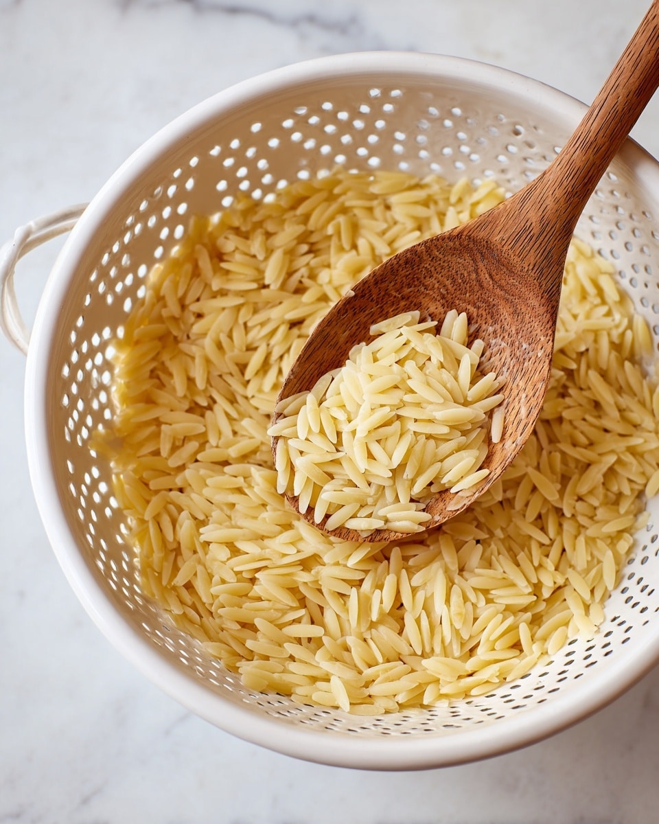 A white colander filled with soft, cooked orzo pasta, light yellow in color, with each grain distinctly visible and slightly shiny. A wooden spoon with a natural brown tone is scooping some of the orzo from the colander. The background shows a white marbled surface. photo taken with an iphone --ar 4:5 --v 7