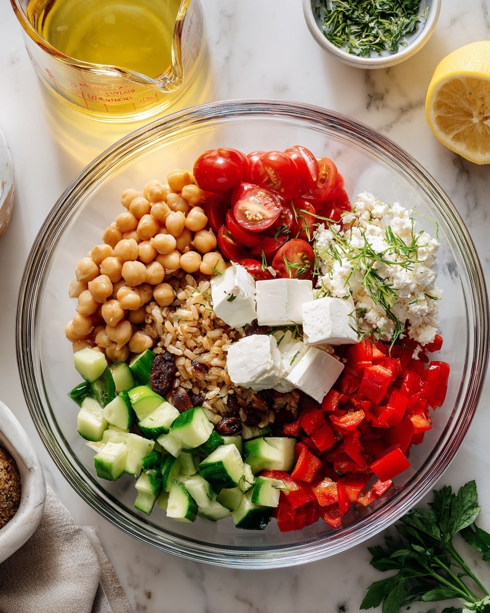 A clear glass bowl sits on a white marbled surface, filled with seven separate layers arranged in a circular pattern. Starting from the top left is a pile of light tan chickpeas with a smooth, round texture. Next to it, a cluster of halved bright red cherry tomatoes with a glossy, juicy look. Moving clockwise, there are chunks of fresh cucumber with a green skin and pale inside. Beside it is a crumbly white cheese garnished with sprigs of green herbs. Below the cheese, small diced bright red bell peppers are visible. To the left of the peppers, medium diced green bell peppers add a fresh crunch with their vibrant color. In the center, a small mound of light brown rice mixed with dark raisins completes the bowl with a soft grainy texture. A lemon wedge and fresh green herbs lie nearby, and a glass measuring cup with a yellow liquid sits in the background. Photo taken with an iphone --ar 4:5 --v 7