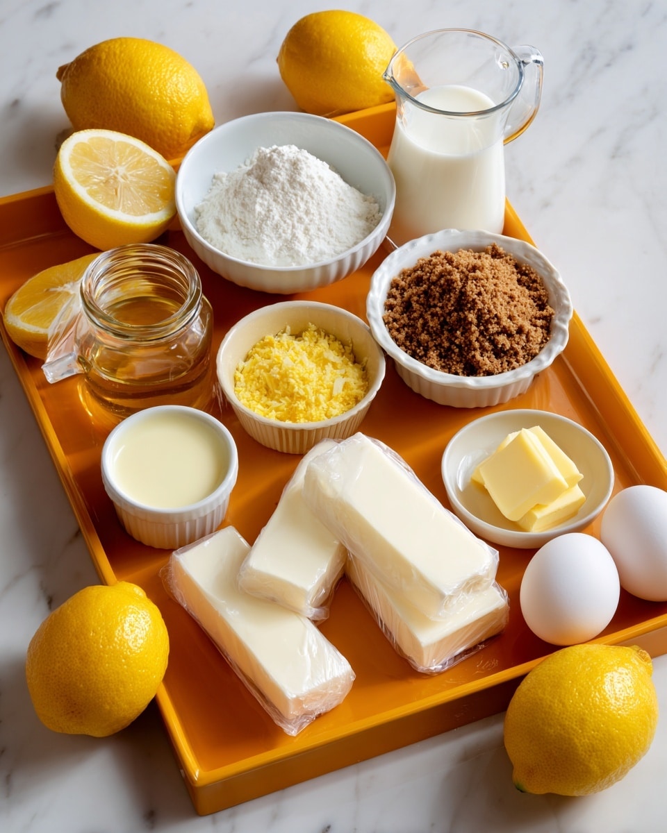 An orange tray holds several ingredients arranged neatly: four blocks of wrapped cream cheese with smooth white texture, a white bowl full of fine brown crumbs, a small white dish with yellow butter slices, a small brown bowl with bright yellow lemon zest, a small glass jar with light yellow honey and a spoon inside, a white bowl with pale yellow lemon juice, a glass of white milk, a clear jar of white sugar, and three white eggs. Several whole and halved yellow lemons are scattered around the tray, which sits on a white marbled surface. Photo taken with an iphone --ar 4:5 --v 7