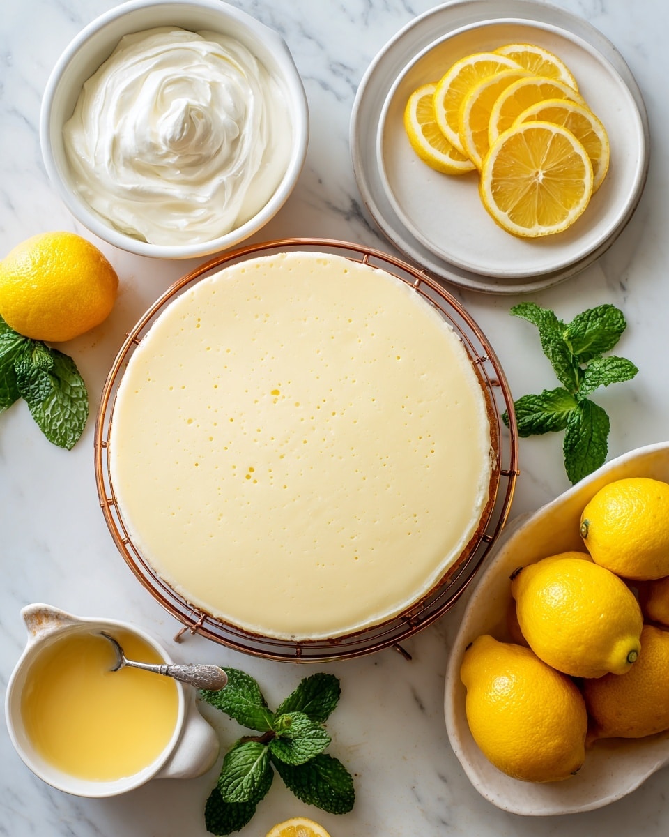 A smooth, pale yellow lemon cake layer sits on a copper wire cooling rack at the center, showing tiny bubbles on its soft surface. Around it, there is a white bowl with a thick swirl of white whipped cream on the top left, a smaller white bowl with glossy, light yellow lemon curd and a spoon to the right of the cake layer, a white plate with six thin, bright yellow lemon slices on the upper right, and a white bowl with five whole bright yellow lemons at the bottom left. Fresh green mint leaves are placed around the scene, which all rests on a white marbled surface. photo taken with an iphone --ar 4:5 --v 7
