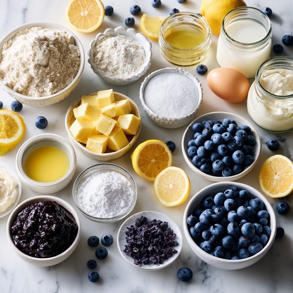 A close-up view of a clear glass bowl filled with batter, fresh blueberries, and flour. The batter is creamy pale yellow, which forms the base layer at the bottom and around the blueberries. A pile of white flour sits on top of the blueberries, which are deep blue and scattered all around the surface. A light green spatula with a wooden handle is partly immersed in the mixture, pushing flour and berries together. The background is a white marbled texture. Photo taken with an iphone --ar 4:5 --v 7
