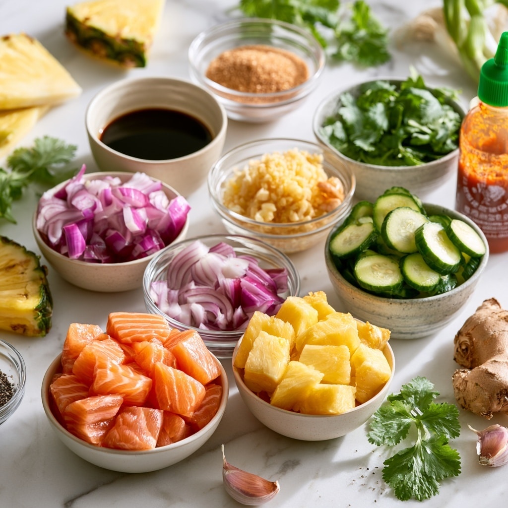 The image shows wooden skewers placed on a black grill pan. Each skewer has four layers repeated in this order from bottom to top: bright orange thick salmon cubes sprinkled with white sesame seeds, yellow pineapple chunks with a slightly rough texture, green cucumber slices with smooth skin, and pieces of purple onion with white rings inside. The background surface under the grill pan is a white marbled texture. Photo taken with an iphone --ar 4:5 --v 7