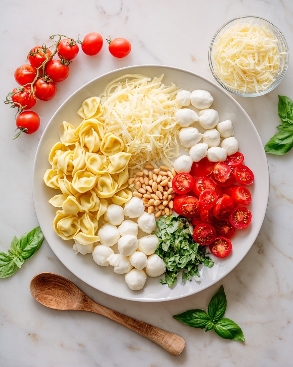 A white plate sits on a white marbled surface, filled with six neatly arranged ingredients in separate sections: shredded light yellow cheese on the left, yellow tortellini pasta next to it, small white mozzarella balls beside the pasta, halved bright red cherry tomatoes next to the cheese and mozzarella, fresh green chopped basil below the cheese, and in the center, a small heap of light brown pine nuts. Around the plate, there are some whole cherry tomato clusters, a small clear bowl with shredded cheese, and a wooden spoon. Photo taken with an iphone --ar 4:5 --v 7