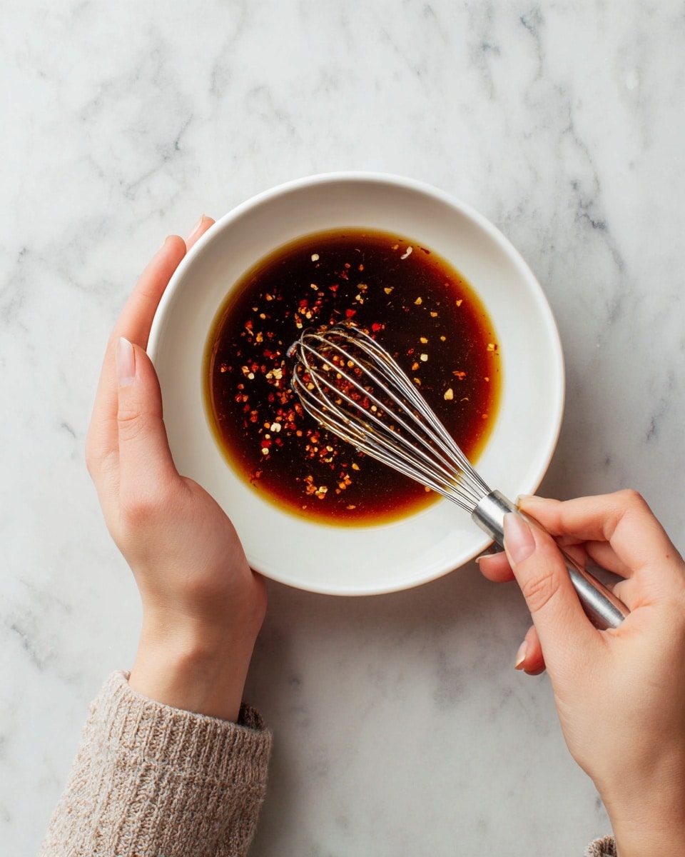 A white bowl filled with a dark brown liquid sauce with floating red and light brown spices in the center. A woman's hand holds the bowl from the left side, while another woman's hand on the right side stirs the sauce gently using a silver whisk. The scene is set on a white marbled surface. photo taken with an iphone --ar 4:5 --v 7