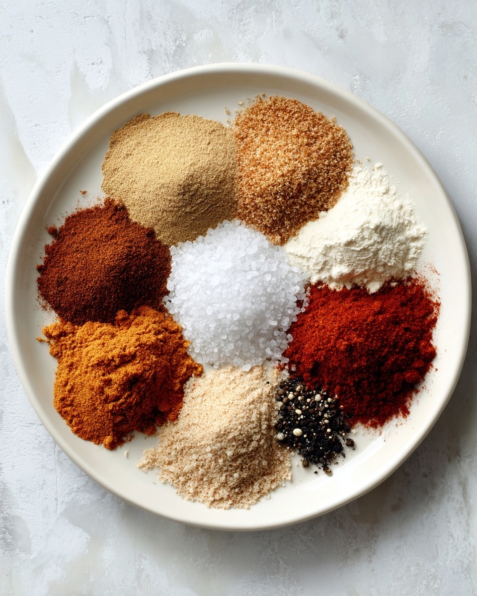 A white plate holds seven different piles of spices and seasonings arranged in a circle on a white marbled texture surface. Starting from the top and moving clockwise: two small piles of light brown granulated spice, a mound of sandy beige powder, a heap of fine white powder, a pile of light tan granules, a small mound of dark reddish-brown spice, a heap of bright red powder, and a tiny pile of black pepper flakes. In the center of the circle is a small mound of coarse white salt crystals. The spices show different textures from fine powders to coarse grains, creating a colorful, organized layout. Photo taken with an iphone --ar 4:5 --v 7