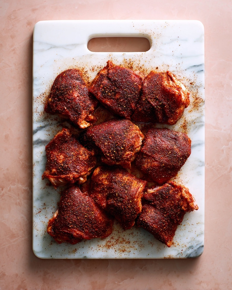 A white rectangular cutting board with a handle holds eleven pieces of raw chicken thighs spread out flat, each covered with a thick layer of dark reddish-brown spice rub that has a slightly grainy texture. The chicken pieces overlap in places and the spices are sprinkled unevenly, some areas having a denser coating than others. The cutting board rests on a soft pink surface, but the background is changed to a white marbled texture. photo taken with an iphone --ar 4:5 --v 7