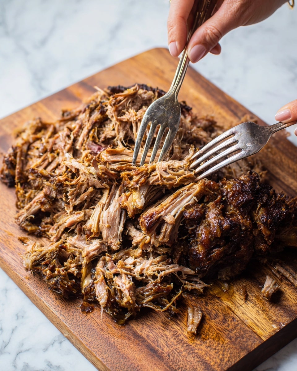 A close-up of a large piece of shredded, cooked meat with dark brown crispy edges and tender, darker pinkish inner strands, spread evenly on a wooden cutting board with rich wood grain. Two forks held by a woman's hand and another hand are pulling the meat apart, showing fibrous texture and some shiny moist areas from the juices. The background is a white marbled texture. photo taken with an iphone --ar 4:5 --v 7