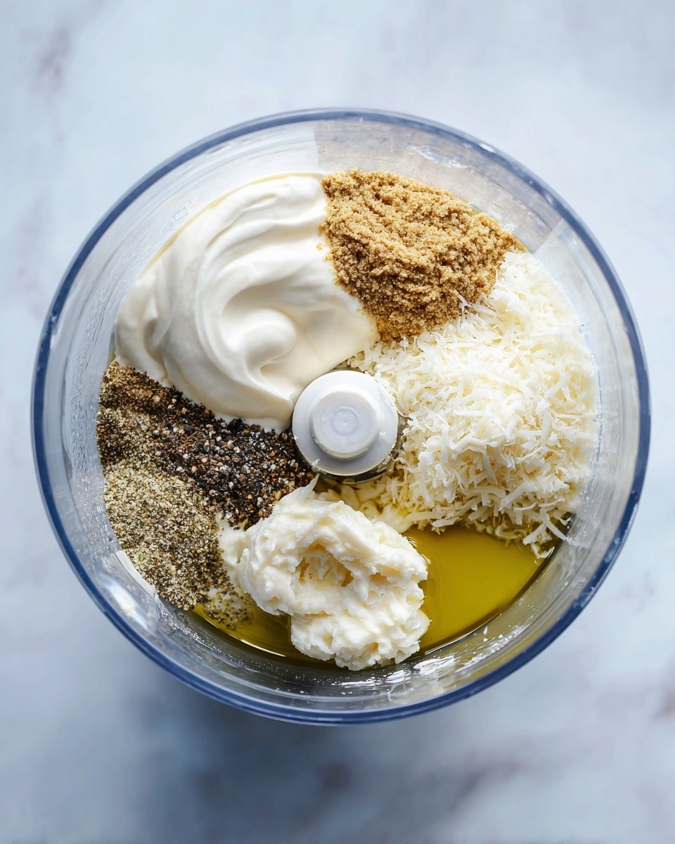 A clear round blender bowl sits on a white marbled surface, filled with six separated ingredients arranged in sections. At the top left is a creamy white mayonnaise, smooth and thick. To its right is a small scoop of brown mustard, slightly rough in texture. Beneath the mustard is a dry mix of black pepper and salt, dotted in dark specks. Next to the seasoning mound, grated white cheese forms a fluffy pile on the right side. At the bottom, golden olive oil with a shiny texture fills nearly a third of the bowl. Finally, a pale minced garlic paste rests between the olive oil and cheese, creamy but slightly lumpy. The blade sits centered and sharp within the bowl, slightly casting shadows on the ingredients. Photo taken with an iphone --ar 4:5 --v 7