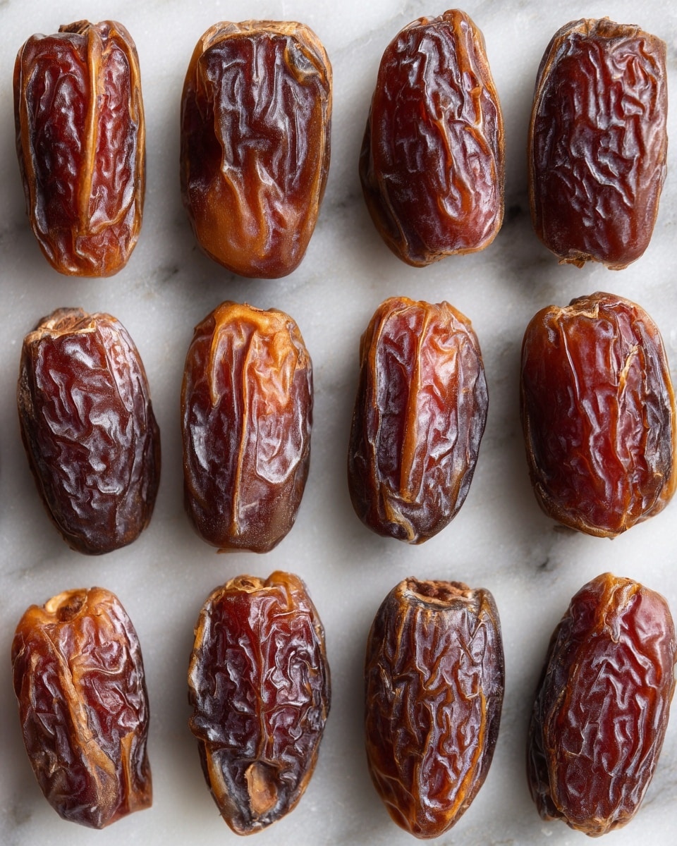 The image shows a group of sixteen open dried dates arranged in four rows and four columns on a white marbled surface. Each date is halved and laid flat with the inside showing fibrous textures ranging in colors from light beige to dark brown. The outside edges of the dates are a shiny dark brown, giving a contrast to the lighter and rough inner textures. The layout is neat and symmetrical, with some dates having a more wrinkled surface and others smoother, all packed closely together to fill the frame. photo taken with an iphone --ar 4:5 --v 7