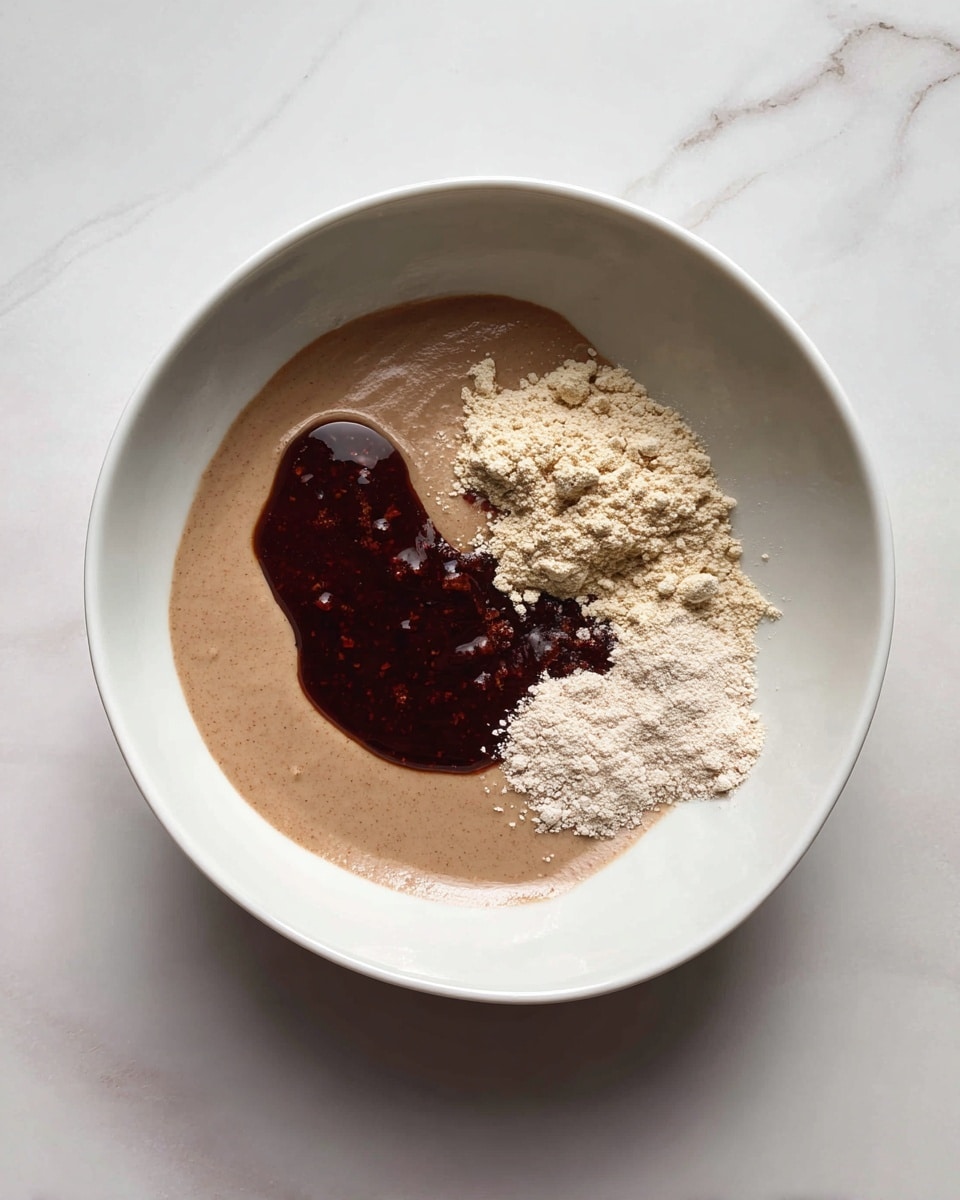 A white bowl on a white marbled surface contains three main layers: a smooth light brown paste covering about half of the bowl, a light beige powder shaped like a small mound on the upper right side, and a small dark brown glossy sauce drizzled on top of the brown paste near the center. The edges of the ingredients touch gently without mixing. Photo taken with an iphone --ar 4:5 --v 7
