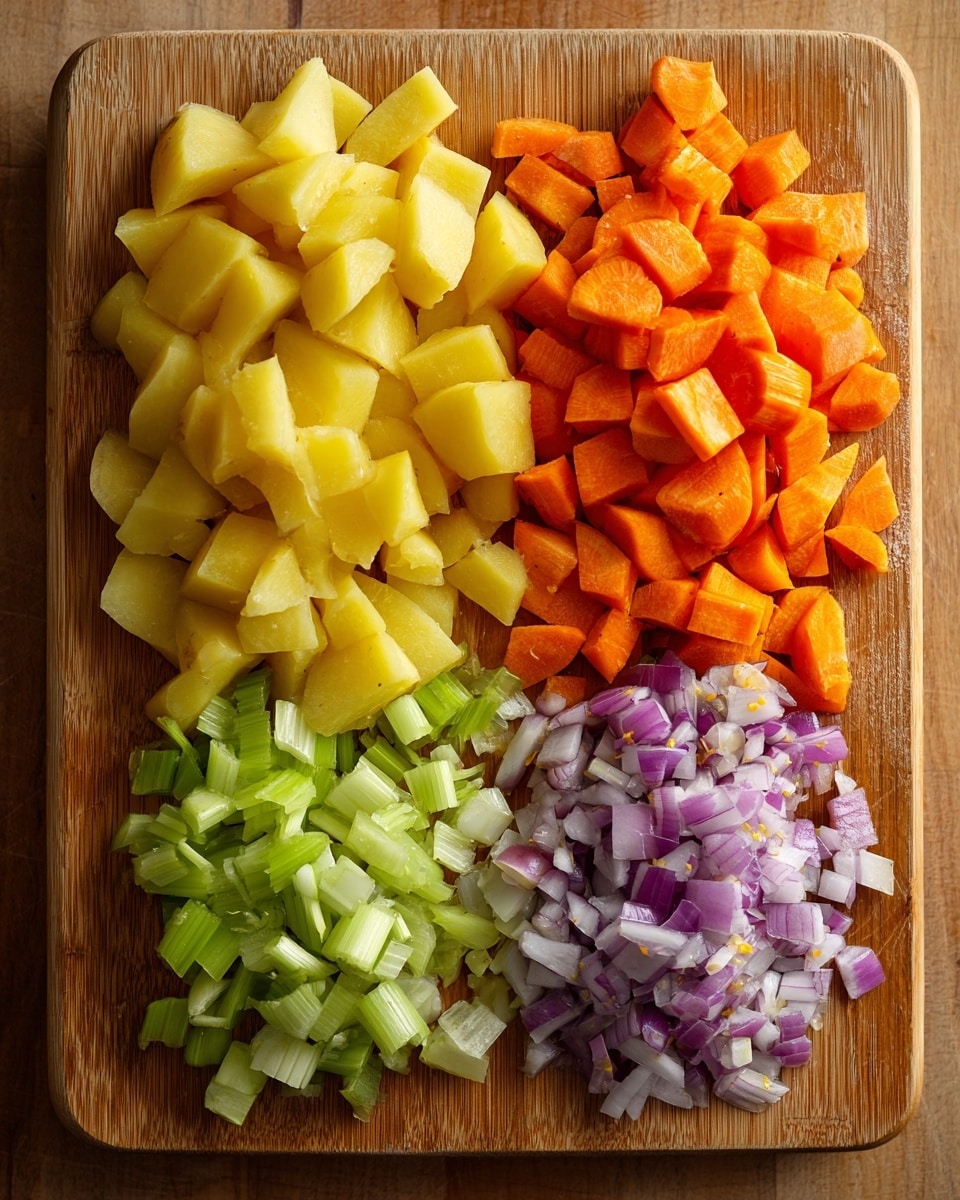 A wooden board holds four piles of chopped vegetables arranged side by side from left to right: the first pile is yellow potato pieces with smooth skin and a firm texture, the second pile consists of bright orange carrot slices and chunks showing a slightly soft texture, the third pile features light green celery pieces with a fibrous look, and the fourth pile has finely chopped pale purple shallots with tiny white bits mixed in. The wood has a warm, natural tone with visible grain. The photo taken with an iphone --ar 4:5 --v 7