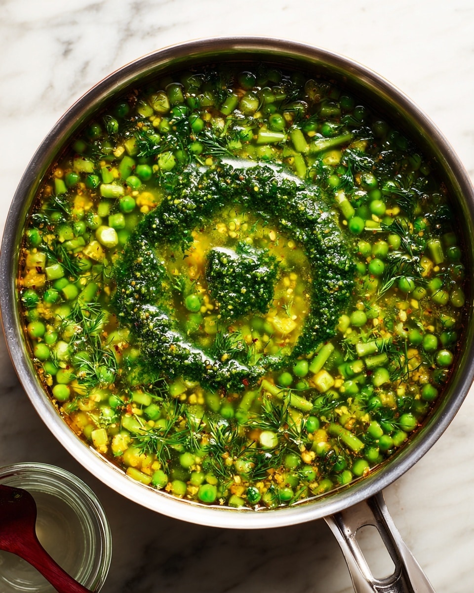 A round silver pot filled with green soup, showing layers of small green peas and longer green beans mixed throughout a clear broth with orange bits, topped with a swirl of green sauce or paste in the middle. The pot is placed on a white marbled surface with a red spatula and a small glass bowl next to it. Photo taken with an iphone --ar 4:5 --v 7