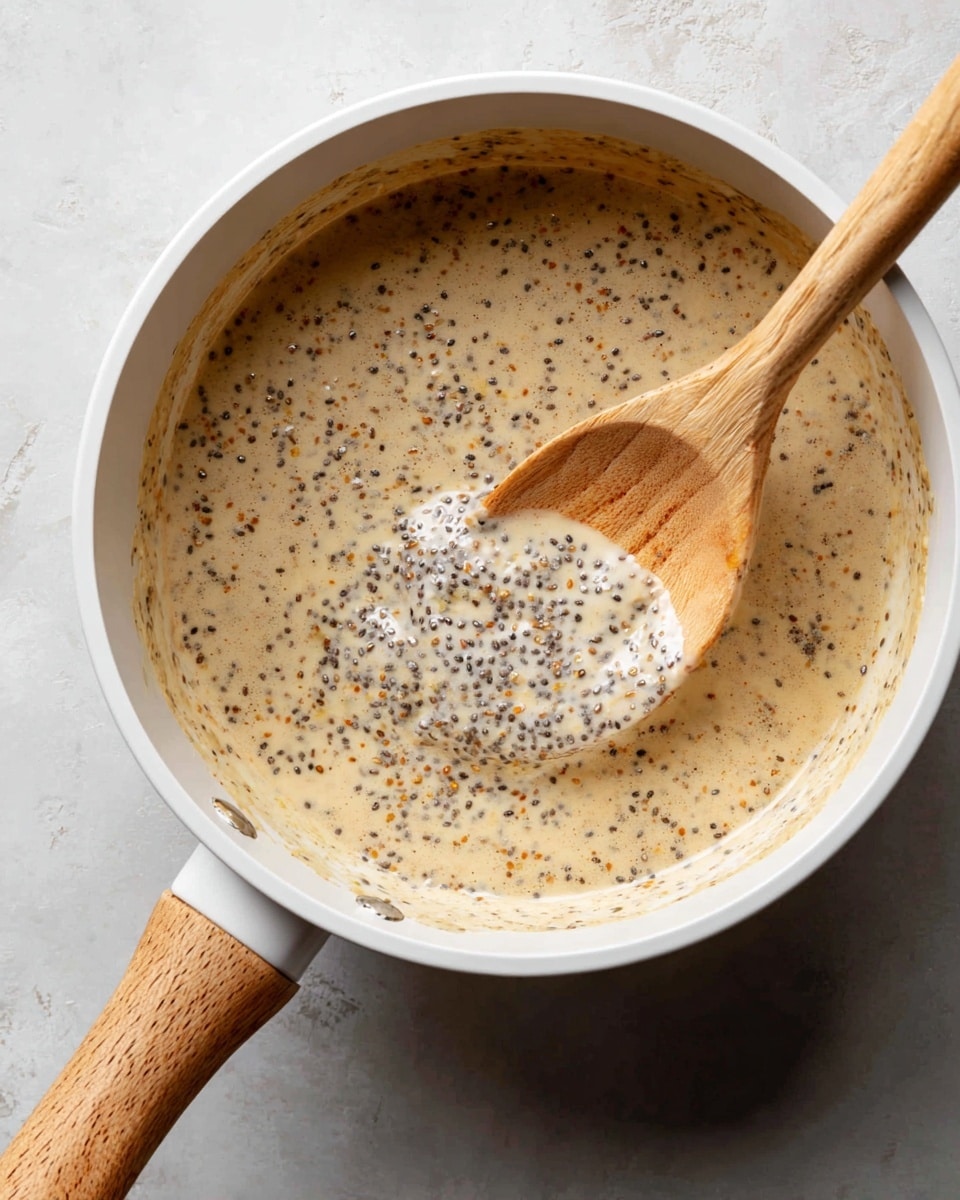 A white saucepan filled with a creamy beige liquid with black chia seeds and small orange chunks scattered throughout. A wooden spoon with a light natural wood texture is stirring the mixture inside the saucepan. The saucepan has a handle made of light wood and is placed on a dark surface, but the background is changed to a white marbled texture. The liquid shows a mix of smooth creaminess with dotted seeds and small textured bits floating on top. Photo taken with an iphone --ar 4:5 --v 7