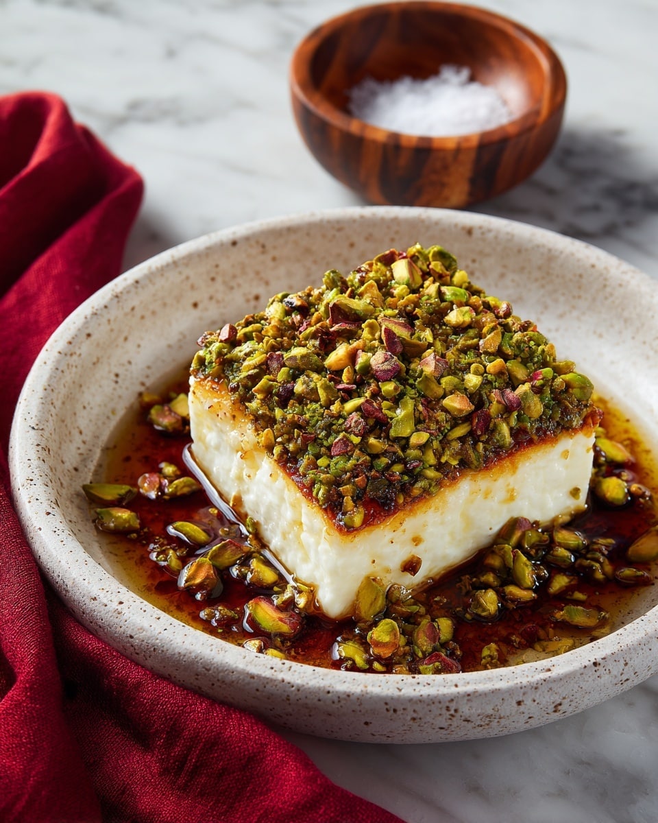 A white speckled plate holds a single square piece of golden brown cooked cheese on a white marbled surface, topped with a thick layer of chopped green pistachios mixed with some syrup that pools around the base of the cheese. The rough texture of the pistachios contrasts with the smooth, slightly browned edges of the cheese, creating a rich and inviting look. In the upper right corner, a small round wooden bowl contains coarse salt. A deep red cloth lies in the lower left corner adding a pop of color to the scene. photo taken with an iphone --ar 4:5 --v 7