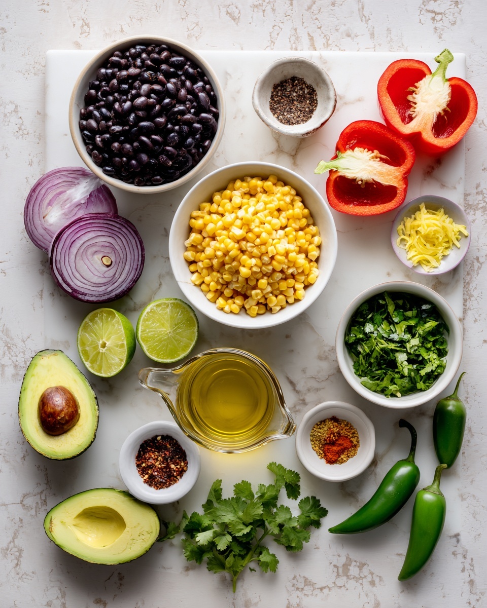 An overhead view of ingredients arranged on a white marbled surface includes a white bowl filled with dark black beans near the center, beside a smaller white bowl of bright yellow corn kernels. To the right is another white bowl holding fresh green chopped cilantro. Two halves of a ripe avocado, one showing its seed, are placed near the bottom, while two lime halves with a slightly textured green skin sit above them. At the top right, two red bell pepper halves reveal their light green stems and white interiors. Two whole green jalapeño peppers lie to the left, next to a sprig of cilantro. A small white dish holds yellow lime zest, while nearby there are two halves of a halved red onion with deep purple rings. Two small bowls contain various spices: one has a mix of yellow powder, salt, and crushed red pepper flakes, and the other has red and brown ground spices. A small glass pitcher with golden olive oil and a small white jug with light yellow juice sit centrally on a white marbled board. Photo taken with an iphone --ar 4:5 --v 7