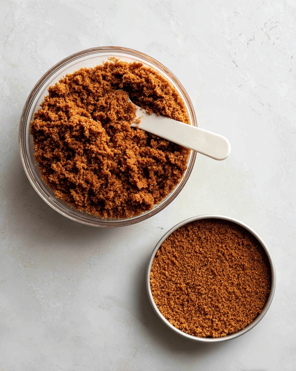 The image shows two parts: on the left, a clear glass bowl filled with a brown crumbly mixture textured like crushed cookies mixed with butter, with a white spatula resting on the side inside the bowl; on the right, a round baking pan with a flat layer of the same brown crumbly mixture pressed evenly at the bottom, creating a smooth and compact base. Both items are placed on a white marbled textured surface. Photo taken with an iphone --ar 4:5 --v 7