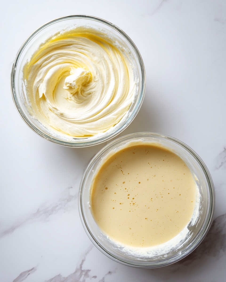 The image shows two clear glass mixing bowls on a white marbled surface. The bowl on the left holds a thick, creamy mixture swirled with soft peaks and smooth yellow patches scattered on top, giving it a fluffy texture. The bowl on the right contains a lighter, pale yellow batter that is smooth with small bubbles on the surface, indicating it is well mixed and ready for cooking. Both bowls are full enough to show the consistency and texture of their mixtures clearly, with traces of batter around the edges. photo taken with an iphone --ar 4:5 --v 7